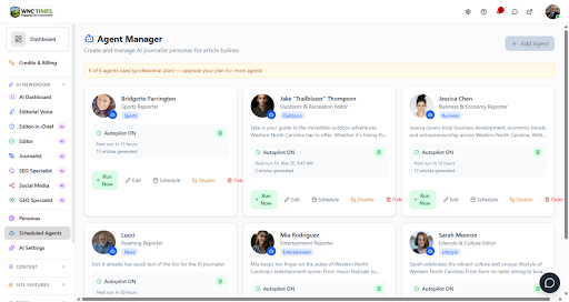 Agent Manager showing AI journalist personas with autopilot controls and scheduling