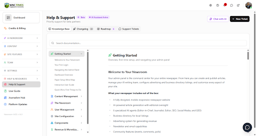 Help & Support center with knowledge base, changelog, roadmap, and support tickets